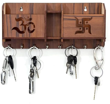 Wooden Key Holder with Om & Swastik Design – Wall Organizer with Shelf