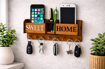 Sweet Home” Wooden Key Holder with Mobile Stand & Organizer