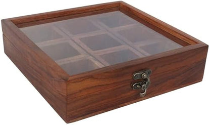 Decorasia Sheesham Wood Spice Box with Glass Lid, 9 Compartments, Traditional Masala Container, Brown