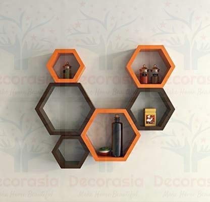 DECORASIA Beautiful Wooden Hexagon Shape Designer Storage Shelves MDF (Set of 6) (Medium Density Fiber) Wall Shelf