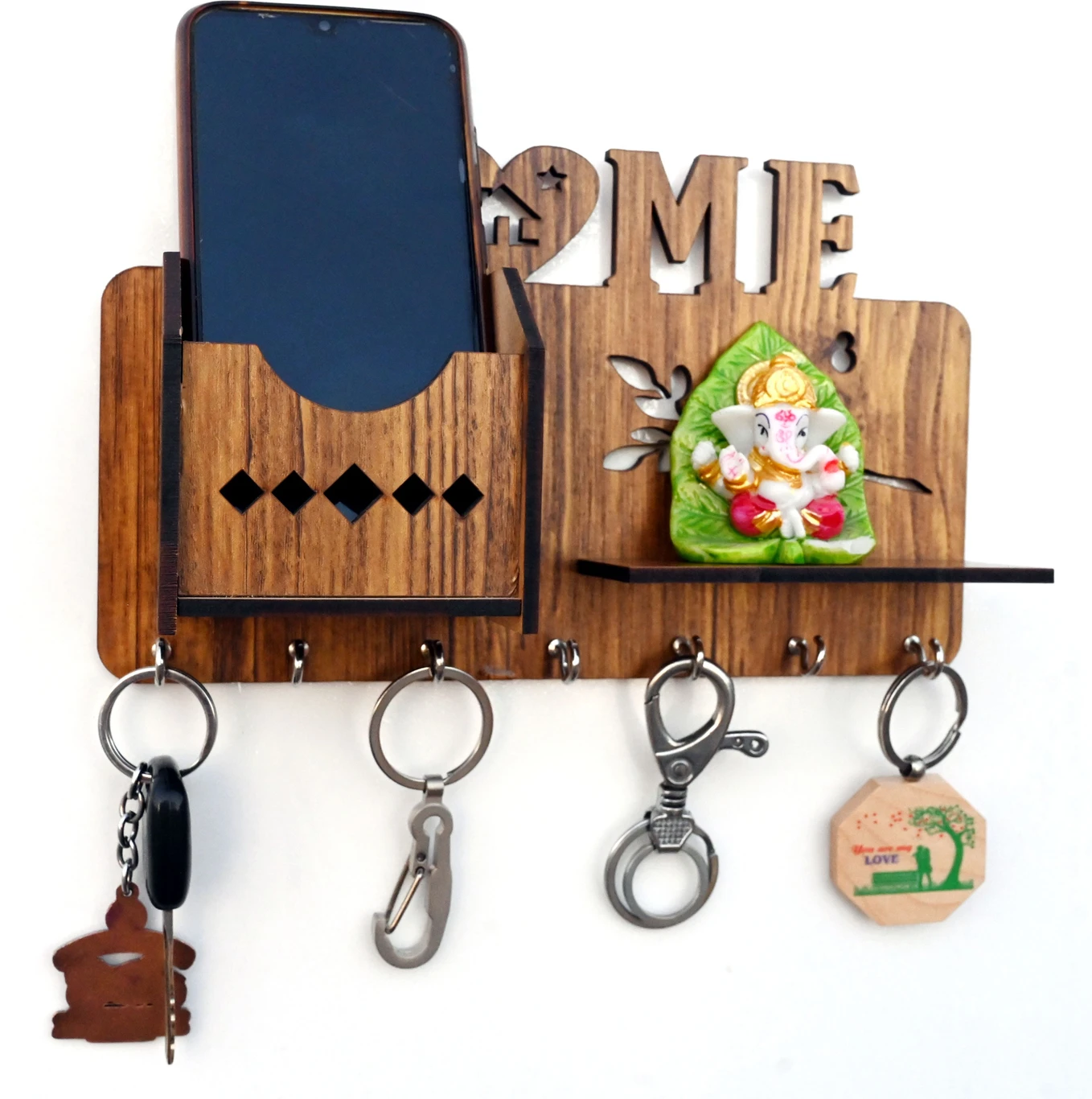 Wooden “HOME” Key Holder with Shelf & Organizer