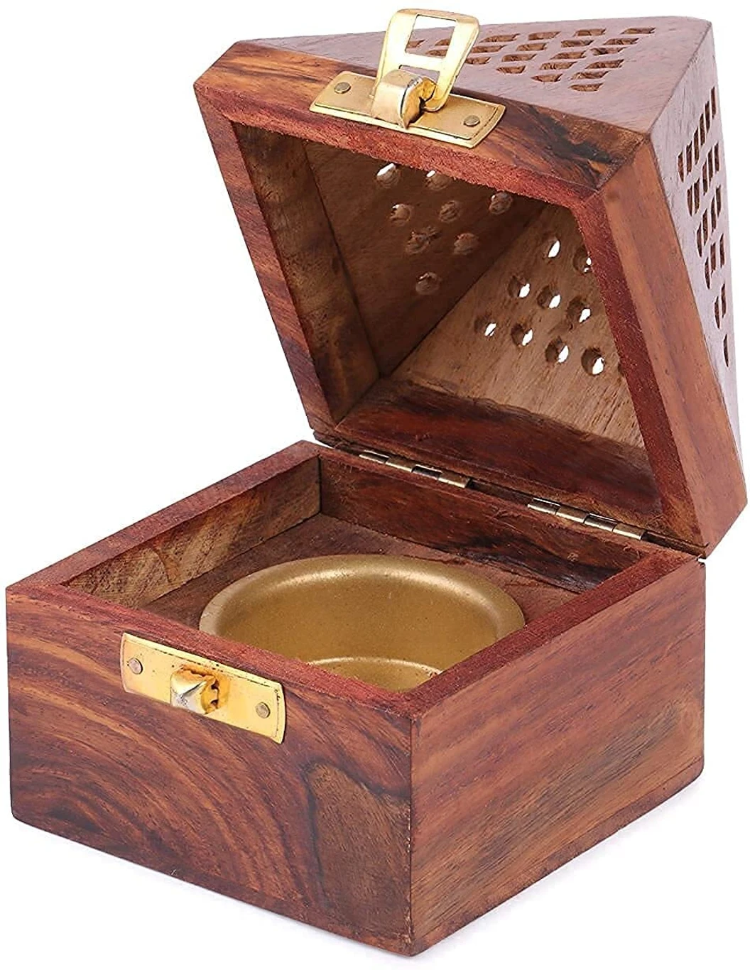 DECORASIA™ Pyramid Wooden Dhoop Dani with Brass Lock (Handcrafted Incense Burner)