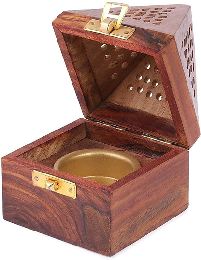 DECORASIA™ Pyramid Wooden Dhoop Dani with Brass Lock (Handcrafted Incense Burner)