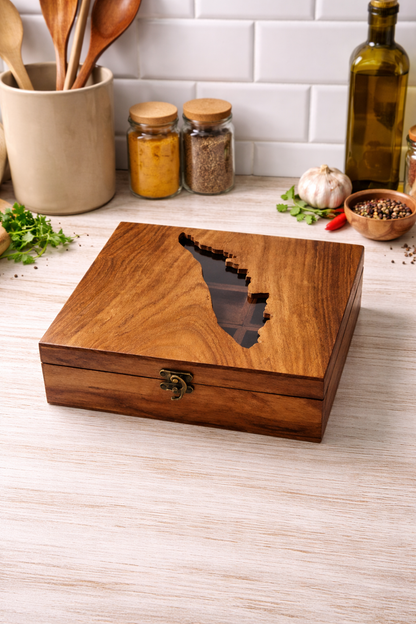 Kerala Map Sheesham Wood Masala Box | 9 Compartments with Glass Lid | Handcrafted Wooden Spice Organizer | 9x9x3 Inch