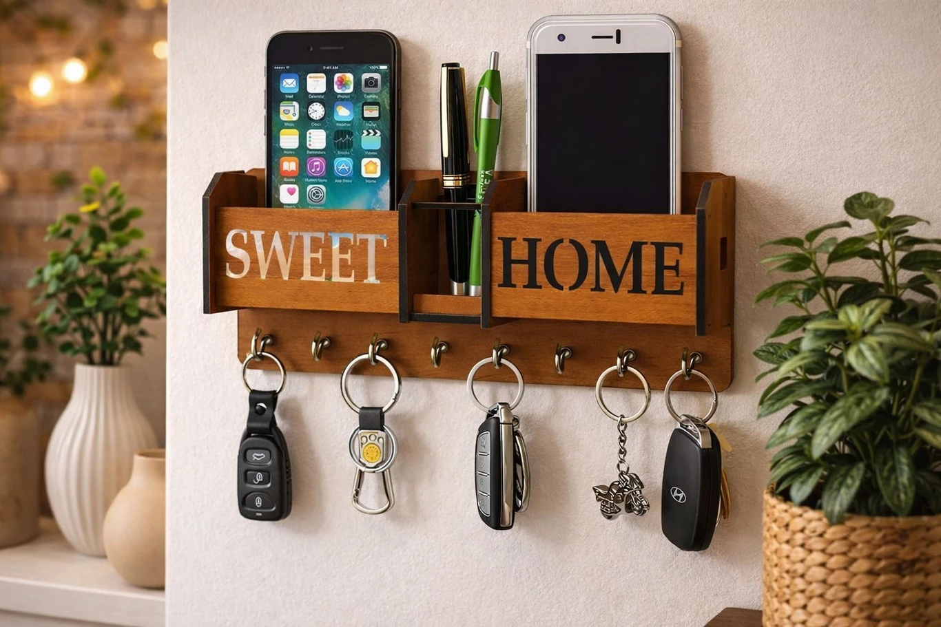 Sweet Home” Wooden Key Holder with Mobile Stand & Organizer
