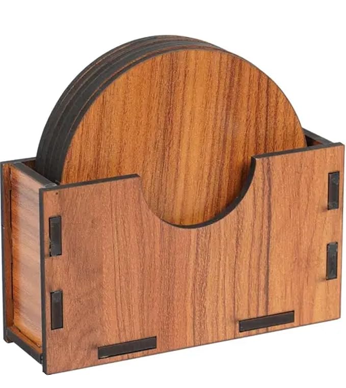 Wooden Coaster Set with Holder, 6 Round Coasters, 10 cm, Brown