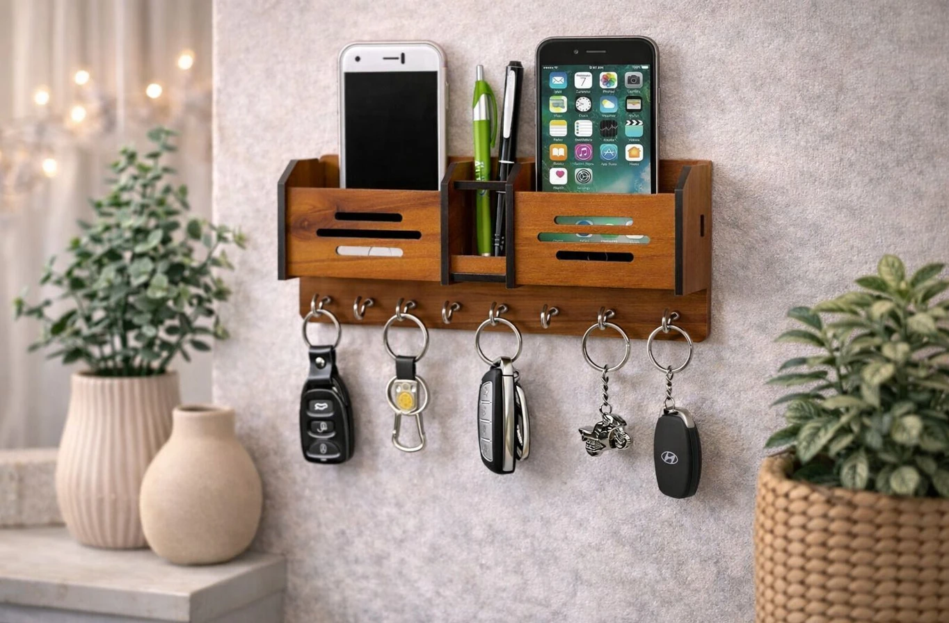 Wooden Wall Key Holder with Mobile Stand & Pen Organizer