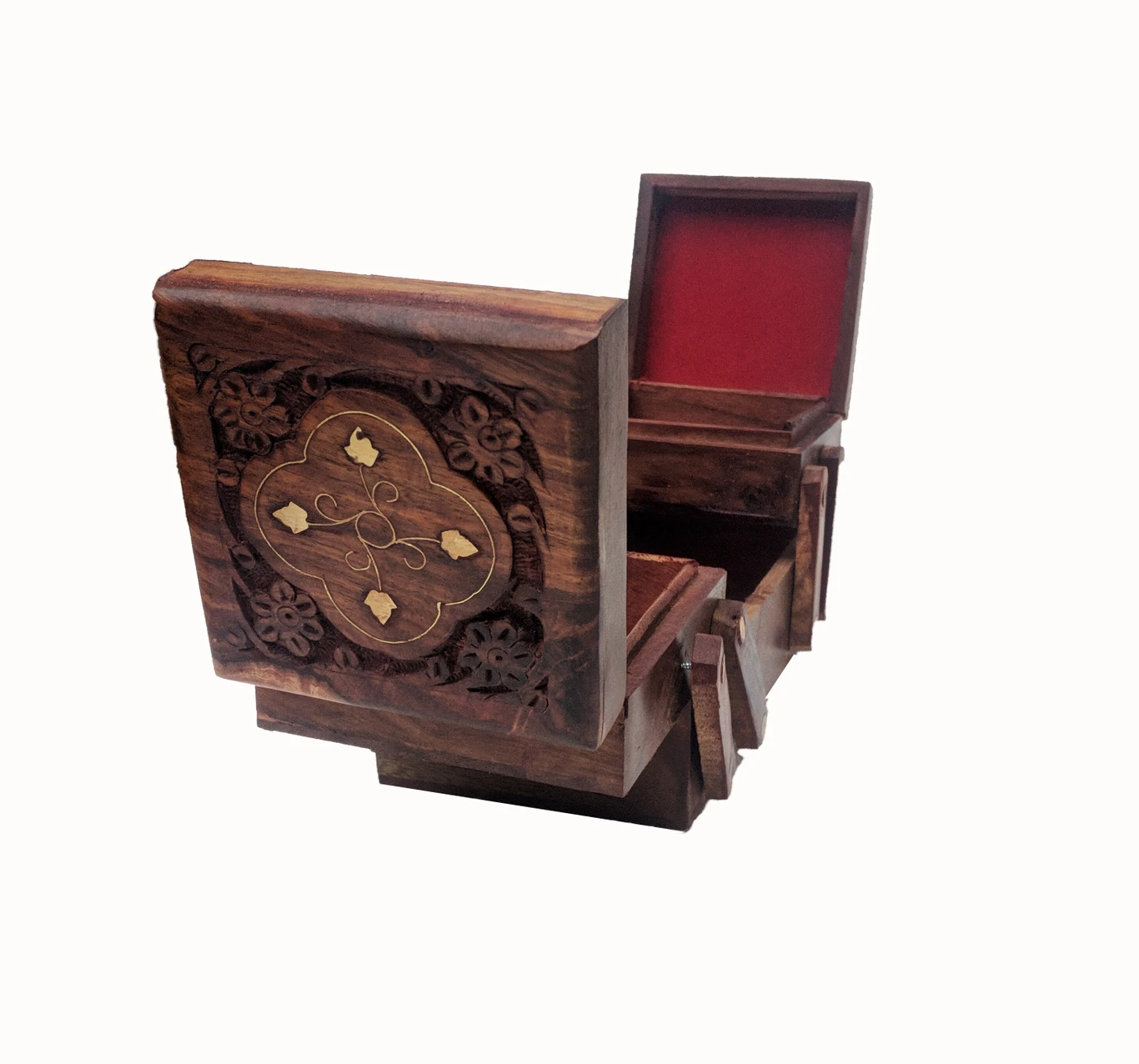 Hand-Carved Sheesham Wood Dual Expandable Jewellery Box with Floral Design