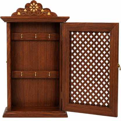 Handcrafted Wooden Key Cabinet with Jali Design – Wall Mounted Key Organizer
