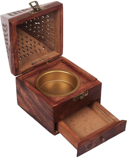 DECORASIA™ Handcrafted Wooden Dhoop Dani with Brass Bowl & Storage Drawer