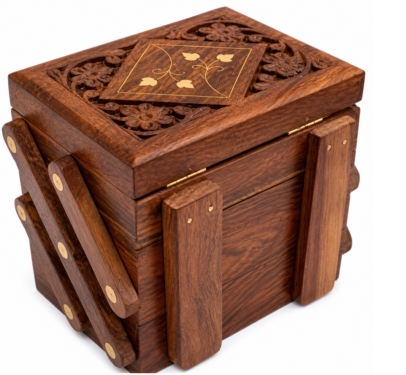 Handcrafted Wooden Jewellery Box with Carved Lid & Storage Drawers