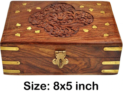Handcrafted Sheesham Wood Jewellery Box with Floral Carving, Brass Inlay & Lock