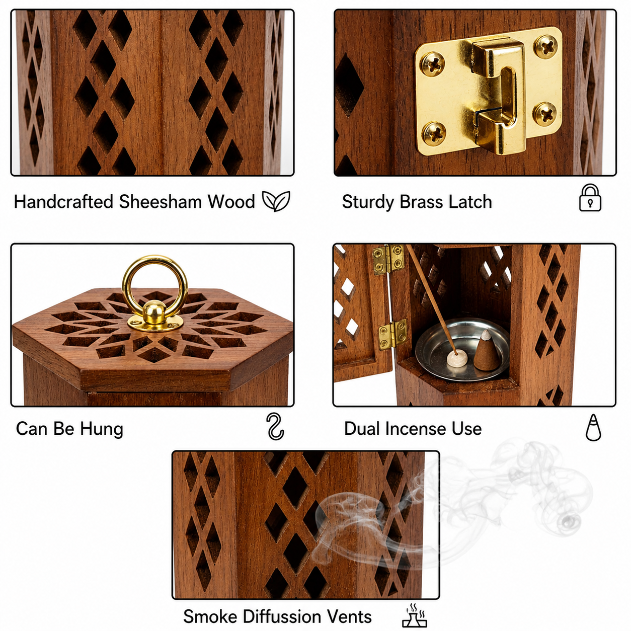 DECORASIA™ Wooden Dhoop Dani with Handle & Brass Lock (Handcrafted Incense Burner)