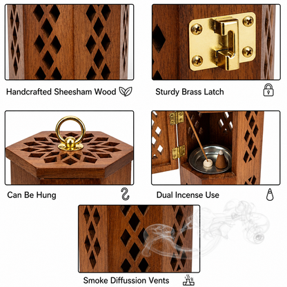 DECORASIA™ Wooden Dhoop Dani with Handle & Brass Lock (Handcrafted Incense Burner)