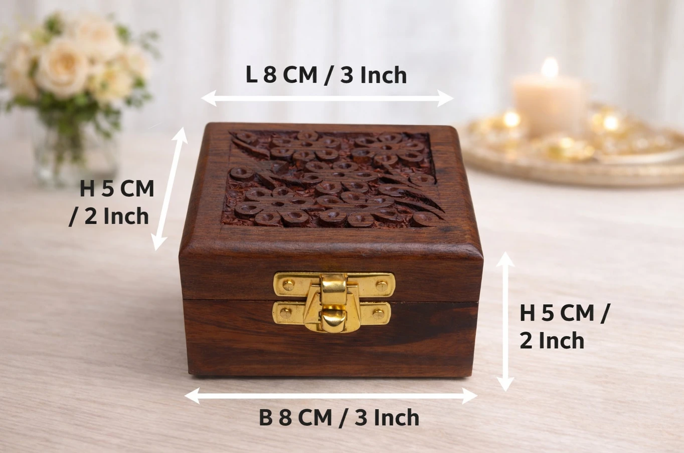 Handcrafted Wooden Carved Storage Box with Brass Lock