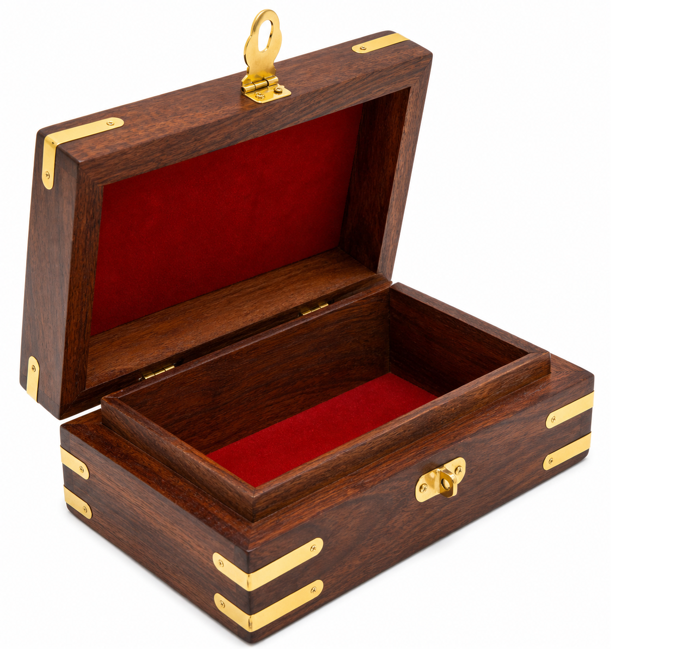 Luxury Handcrafted Sheesham Wood Jewellery Box with Floral Carving, Brass Inlay & Lock