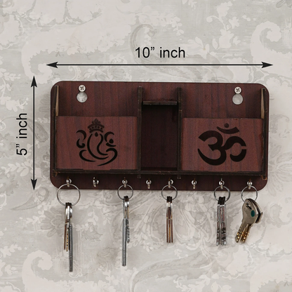 Wooden Key Holder with Ganesh & Om Design – Wall Organizer with Hooks