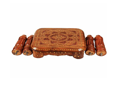 Hand Carved Sheesham Wood Stool with Brass Inlay – Traditional Wooden Accent Table