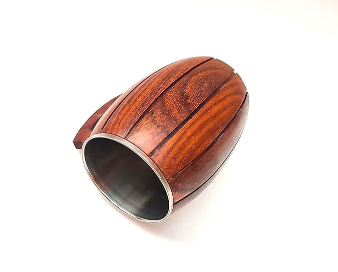 Wooden Mug, Barrel Design with Stainless Steel Interior, Handcrafted Wood Handle