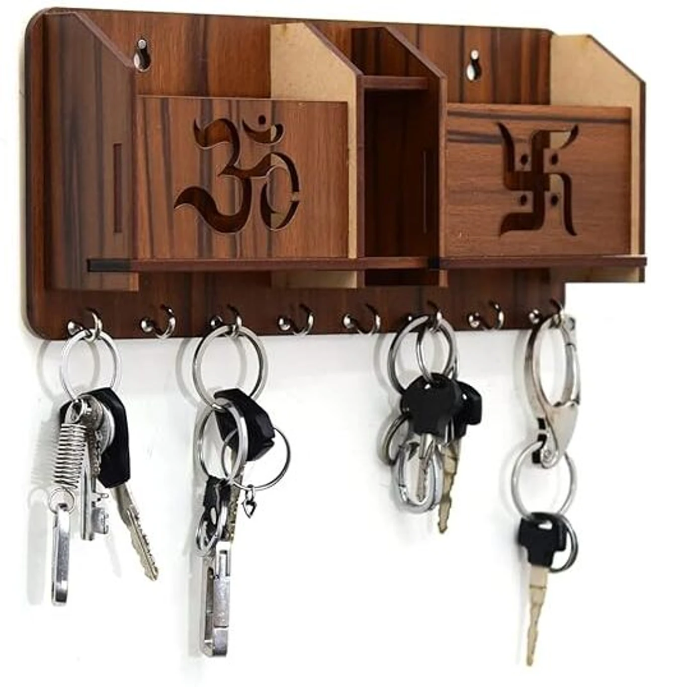 Wooden Key Holder with Om & Swastik Design – Wall Organizer with Shelf