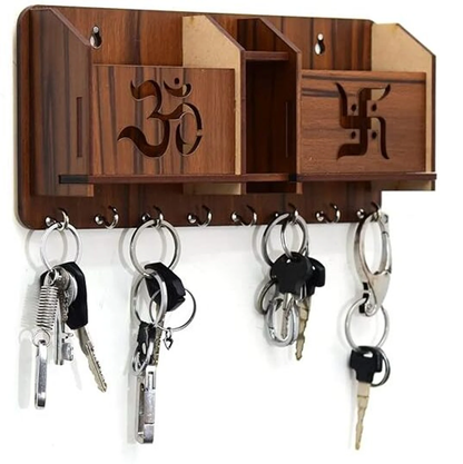 Wooden Key Holder with Om & Swastik Design – Wall Organizer with Shelf