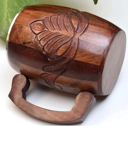 Handcrafted Wooden Beer Mug with Lotus Carving, Stainless Steel Inner Lining, Brown