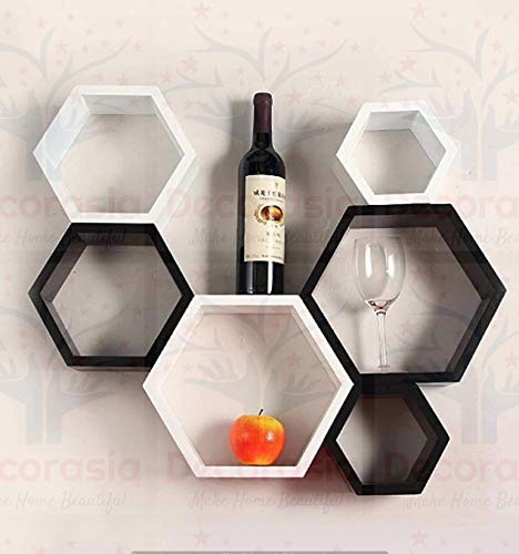 DECORASIA Beautiful Wooden Hexagon Shape Designer Storage Shelves MDF (Set of 6) (Medium Density Fiber) Wall Shelf
