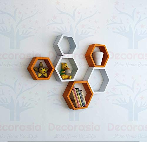 DECORASIA Beautiful Wooden Hexagon Shape Designer Storage Shelves MDF (Set of 6) (Medium Density Fiber) Wall Shelf
