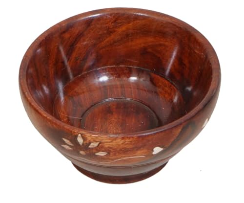 Handcrafted Wooden Snack Bowls with Floral Inlay Design, Set of 4, Brown