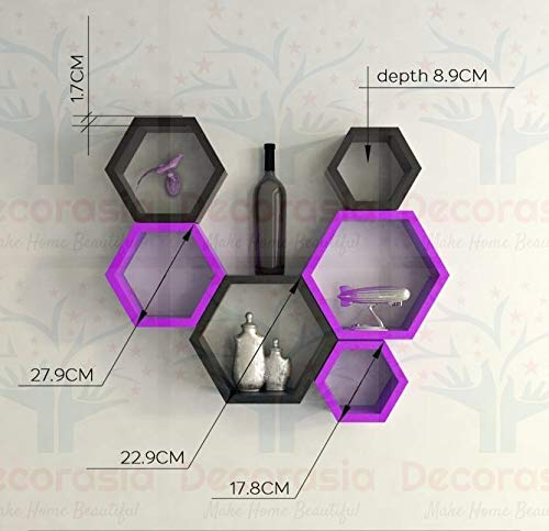 DECORASIA Beautiful Wooden Hexagon Shape Designer Storage Shelves MDF (Set of 6) (Medium Density Fiber) Wall Shelf