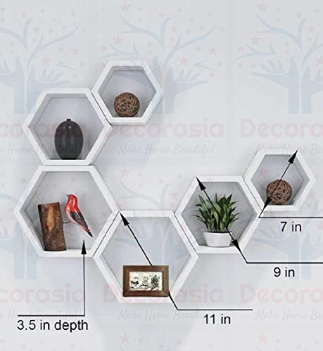DECORASIA Beautiful Wooden Hexagon Shape Designer Storage Shelves MDF (Set of 6) (Medium Density Fiber) Wall Shelf