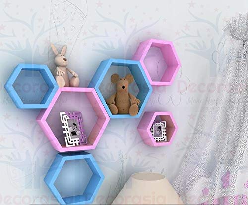 DECORASIA Beautiful Wooden Hexagon Shape Designer Storage Shelves MDF (Set of 6) (Medium Density Fiber) Wall Shelf