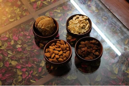 Handcrafted Wooden Snack Bowls with Floral Inlay Design, Set of 4, Brown