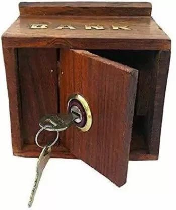 Decorasia Beautiful Wooden Money Bank with Lock & 2 Keys | Piggy Bank for Kids | Safe Coin Saving Box | Secure Gullak for Boys & Girls | Handmade Gift Item