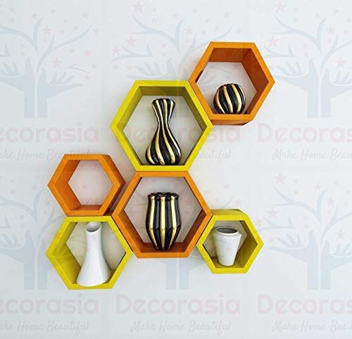 DECORASIA Beautiful Wooden Hexagon Shape Designer Storage Shelves MDF (Set of 6) (Medium Density Fiber) Wall Shelf