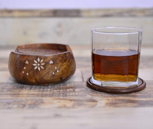 Handmade Wooden Lotus Coaster Set with Stand, 8.9 cm, Brown, Set of 6