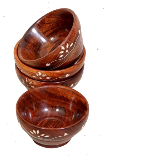Handcrafted Wooden Snack Bowls with Floral Inlay Design, Set of 4, Brown