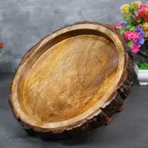 Decorasia Handmade Antique Look Round Wooden Serving Tray | Rustic Brown Wooden Tray for Snacks, Tea, Coffee & Desserts | Decorative Kitchen & Dining Accessory | Gift for Home & Table D�cor