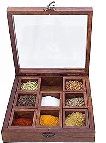 Decorasia Sheesham Wood Spice Box with Glass Lid, 9 Compartments, Traditional Masala Container, Brown