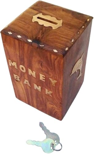 Decorasia Handcrafted Sheesham Wood Butterfly Money Bank for Kids | Wooden Coin Piggy Bank with Lock & 2 Keys | Decorative Gift Box for Boys & Girls