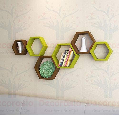 DECORASIA Beautiful Wooden Hexagon Shape Designer Storage Shelves MDF (Set of 6) (Medium Density Fiber) Wall Shelf