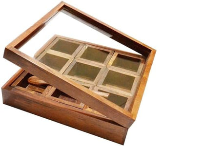 Decorasia Sheesham Wood Spice Box with Glass Lid, 9 Compartments, Traditional Masala Container, Brown