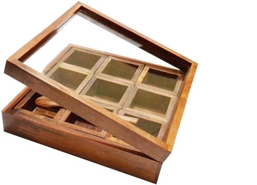 Decorasia Sheesham Wood Spice Box with Glass Lid, 9 Compartments, Traditional Masala Container, Brown
