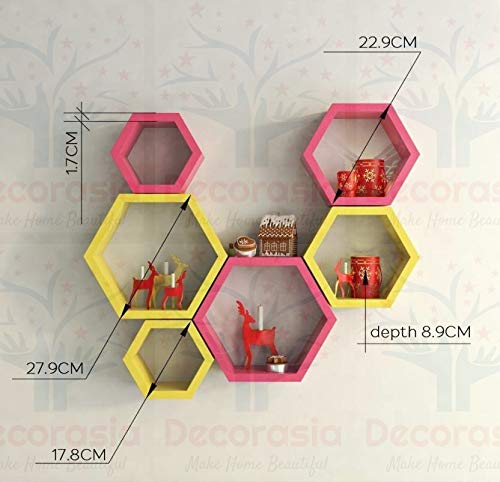 DECORASIA Beautiful Wooden Hexagon Shape Designer Storage Shelves MDF (Set of 6) (Medium Density Fiber) Wall Shelf