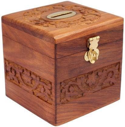 Decorasia Wooden Coin Storage Box with Carving Work & Lock | Handcrafted Piggy Bank for Kids | Money Saving Box for Boys & Girls | Unique Gift for Christmas & Birthdays