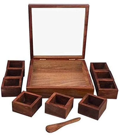 Decorasia Sheesham Wood Spice Box with Glass Lid, 9 Compartments, Traditional Masala Container, Brown