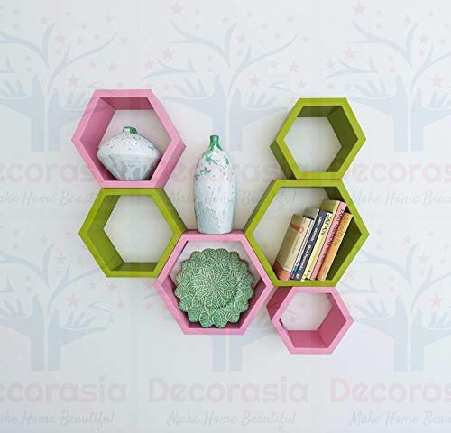 DECORASIA Beautiful Wooden Hexagon Shape Designer Storage Shelves MDF (Set of 6) (Medium Density Fiber) Wall Shelf