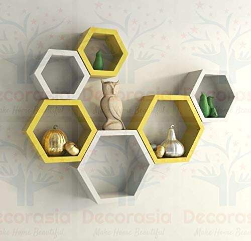 DECORASIA Beautiful Wooden Hexagon Shape Designer Storage Shelves MDF (Set of 6) (Medium Density Fiber) Wall Shelf