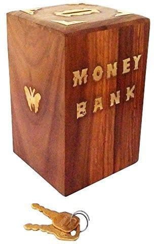Decorasia Special Valentine Gift- Handmade Wooden Money Bank with Lock & Keys|Butterfly Inlay Coin Storage Box | Piggy Bank for Kids & Adults | Secure Saving Box for Birthday,Xmas & Festive Gifting