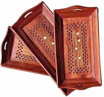 Sheesham Wood Crafts Wooden Coffee Serving Tray (Brown) Set of 3 Tray